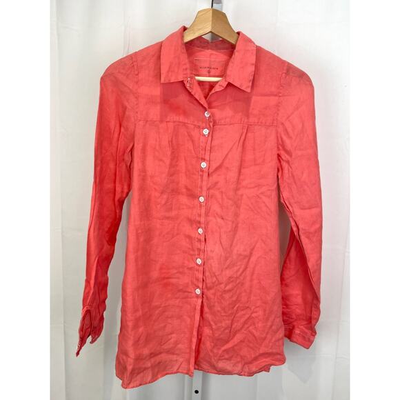 KHAKI AND CO Bess Nielsen Hand Woven Linen Button Down Shirt Coral Orange Size L - Picture 1 of 6